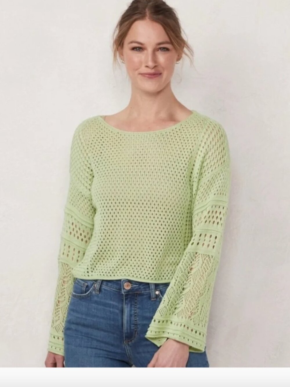 LC Lauren Conrad Light Green Crochet Sweater Sz: L